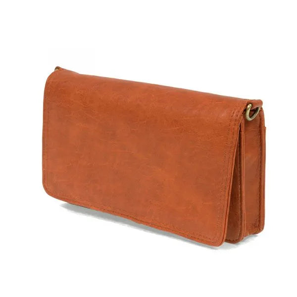 Tan leather billie mini organizer crossbody bag with subtle texture and gold-toned metal clasp for stylish use