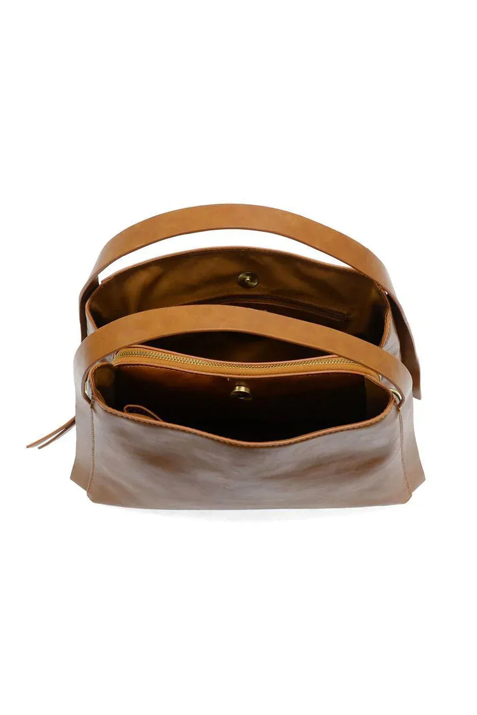 Tan leather grace satchel crossbody bag with dual top handles and a zippered interior compartment