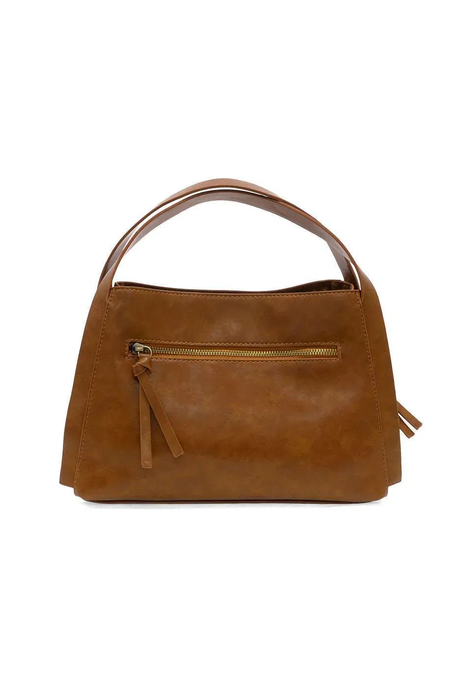 A tan leather grace satchel crossbody handbag with a curved top handle and front zipper pocket with tassels