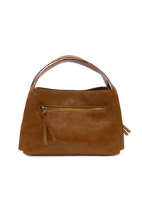 A tan leather grace satchel crossbody handbag with a curved top handle and front zipper pocket with tassels