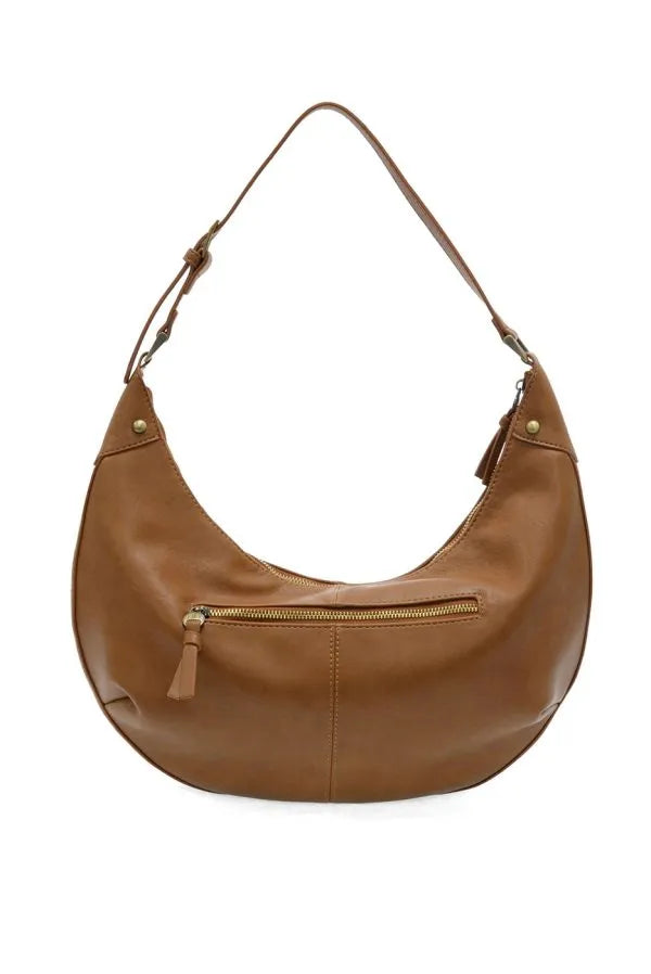 Tan leather leo crescent shoulder bag with curved silhouette and gold-tone zipper and hardware accents