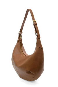 A tan leather leo crescent shoulder bag with a single strap and gold-tone hardware for everyday use