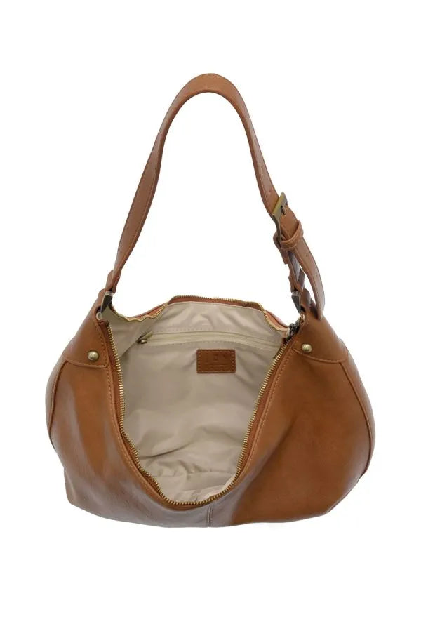 Tan leather leo crescent shoulder bag with single strap and zipper closure crescent shoulder bag for daily use