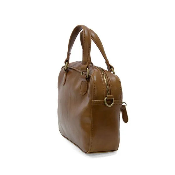 Tan leather regina mini satchel crossbody with structured shape and top handles for versatile use