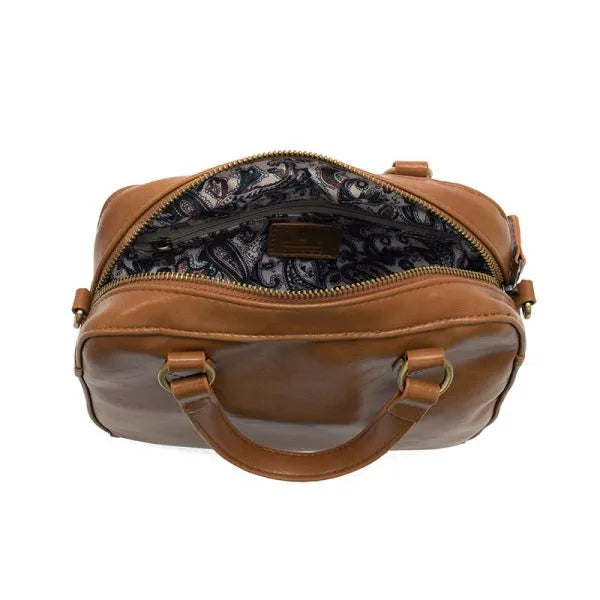 Tan leather regina mini satchel with paisley interior lining and gold-tone hardware mini satchel crossbody bag