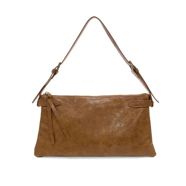 Tan eve trapeze vegan leather shoulder bag with textured surface and adjustable strap for versatile use