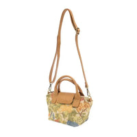 Abilene canvas mini tote crossbody featuring a beige floral canvas body with tan leather strap and handles