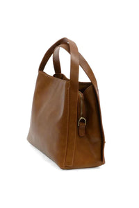 Tan leather tote bag with structured shape and top handles from the grace satchel crossbody collection