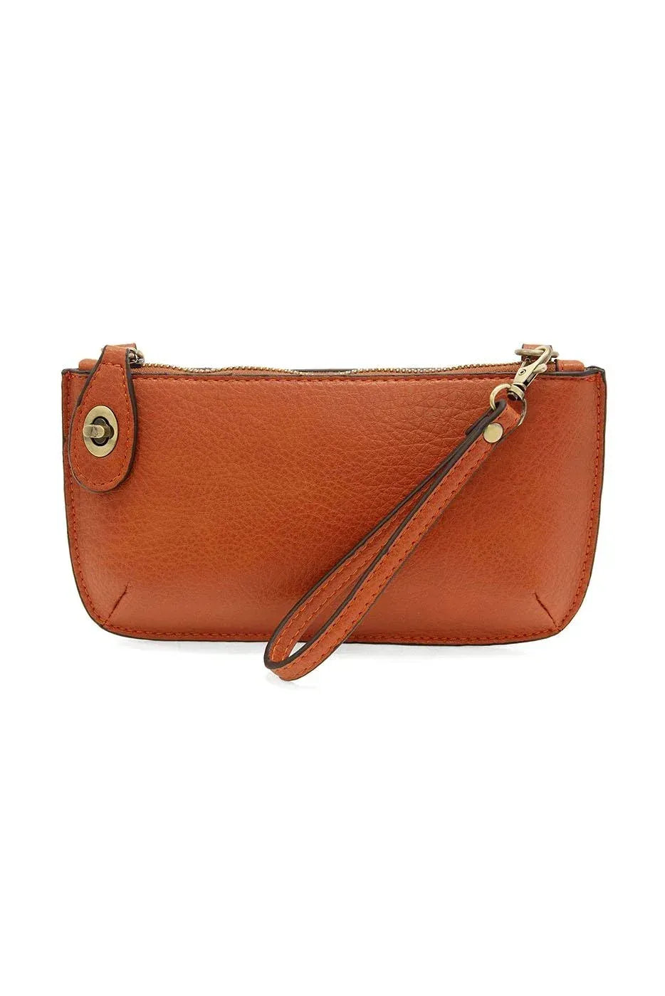 Tan leather mini crossbody wristlet clutch with gold-tone zipper and card slots for women’s boho chic clothing shop daisy