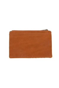 Tan leather penny mini travel wallet pouch with textured finish and visible stitching along edges