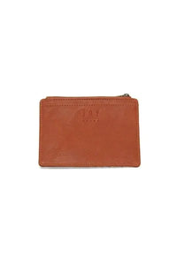Tan leather penny mini travel wallet zipper pouch embossed with joy branding for compact organization