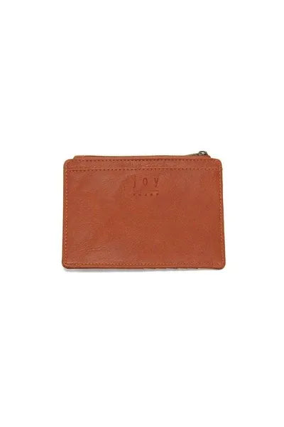 Tan leather penny mini travel wallet zipper pouch embossed with joy branding for compact organization