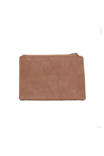 Tan leather penny mini travel wallet with zippered pouch and subtle embossed branding for compact use