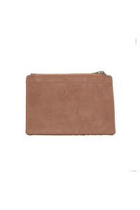 Tan leather penny mini travel wallet with zippered pouch and subtle embossed branding for compact use