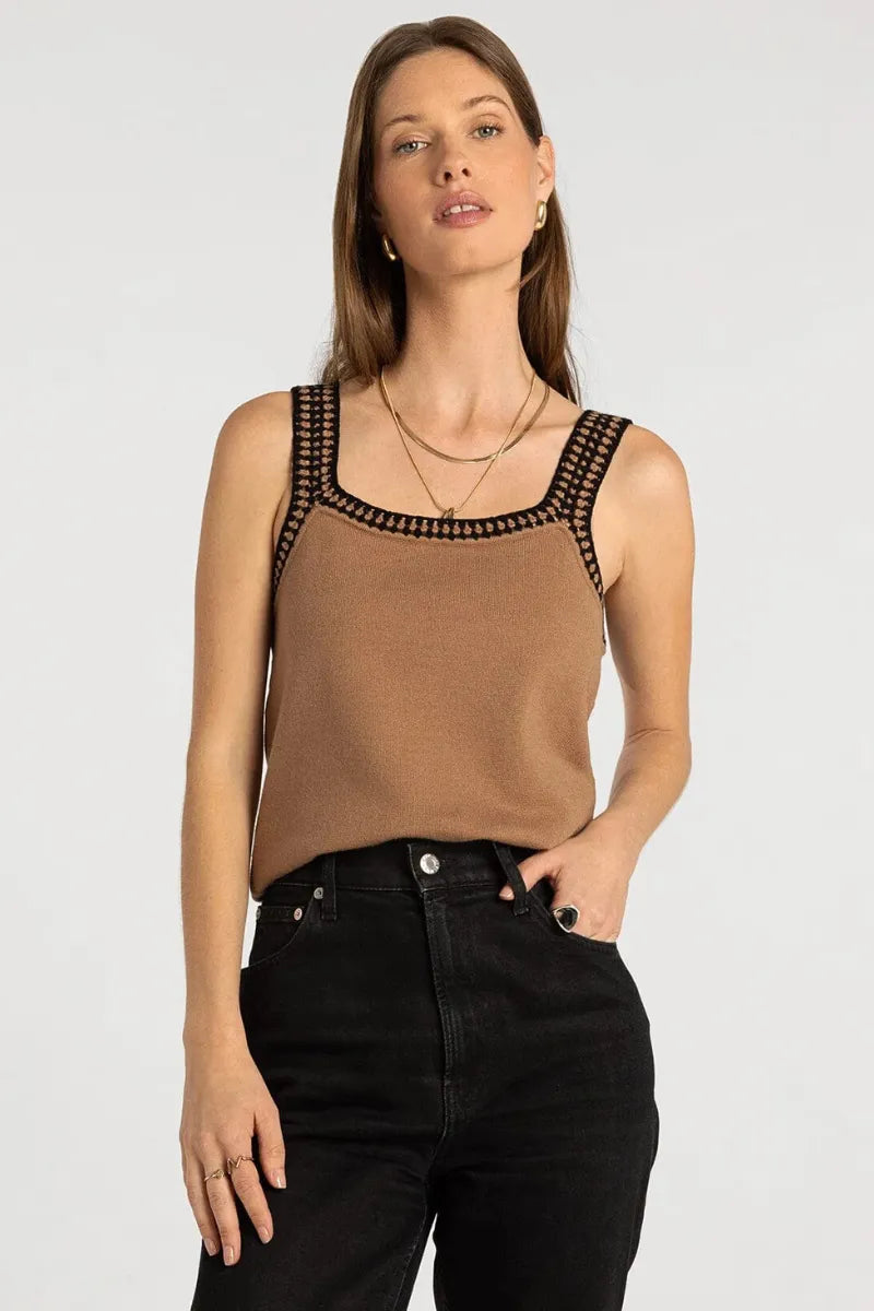 Tan ribbed tank top with black crochet trim along neckline and straps in thread and supply brittania tank design