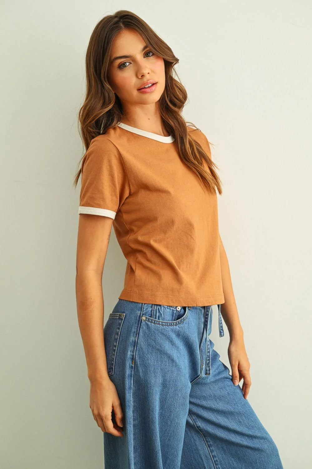 Short sleeve ringer organic cotton top in tan with white trim