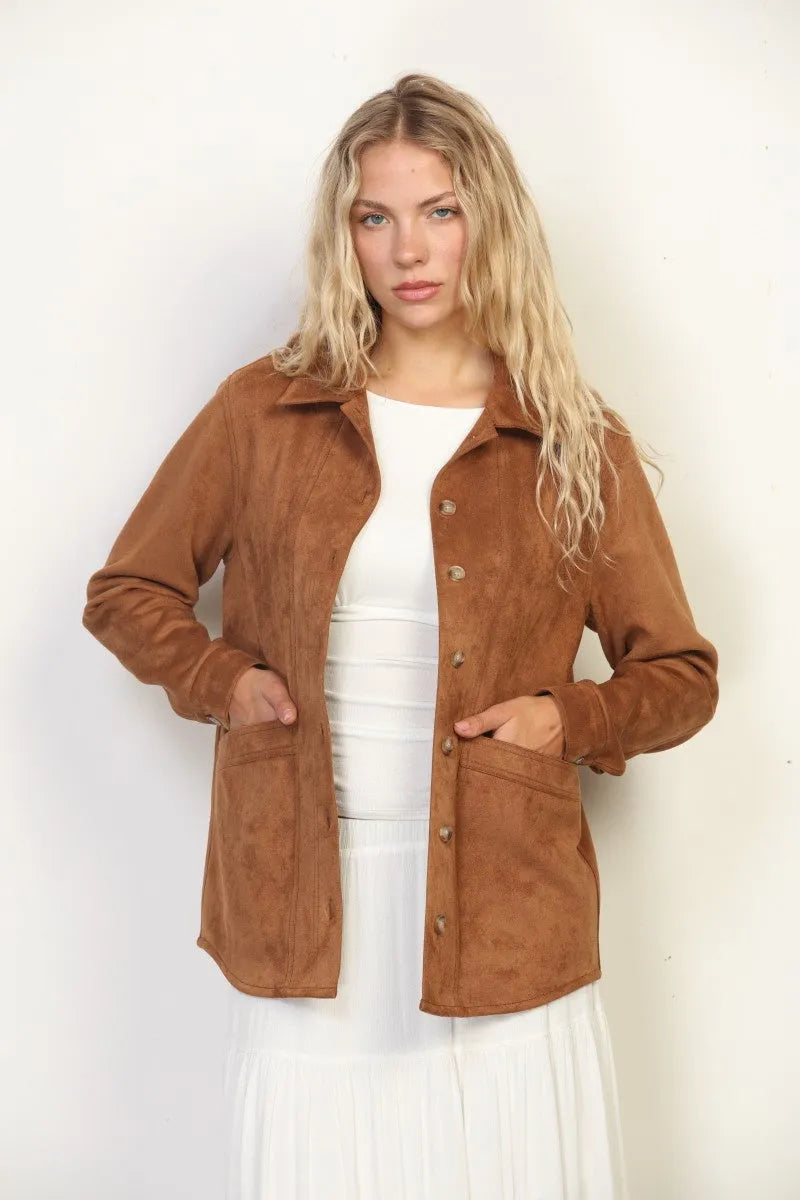 A tan suede classic western shacket with buttons, two front pockets, and a collar in western suede material