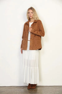 Classic western suede shacket in tan suede with collar and button closures for versatile layering