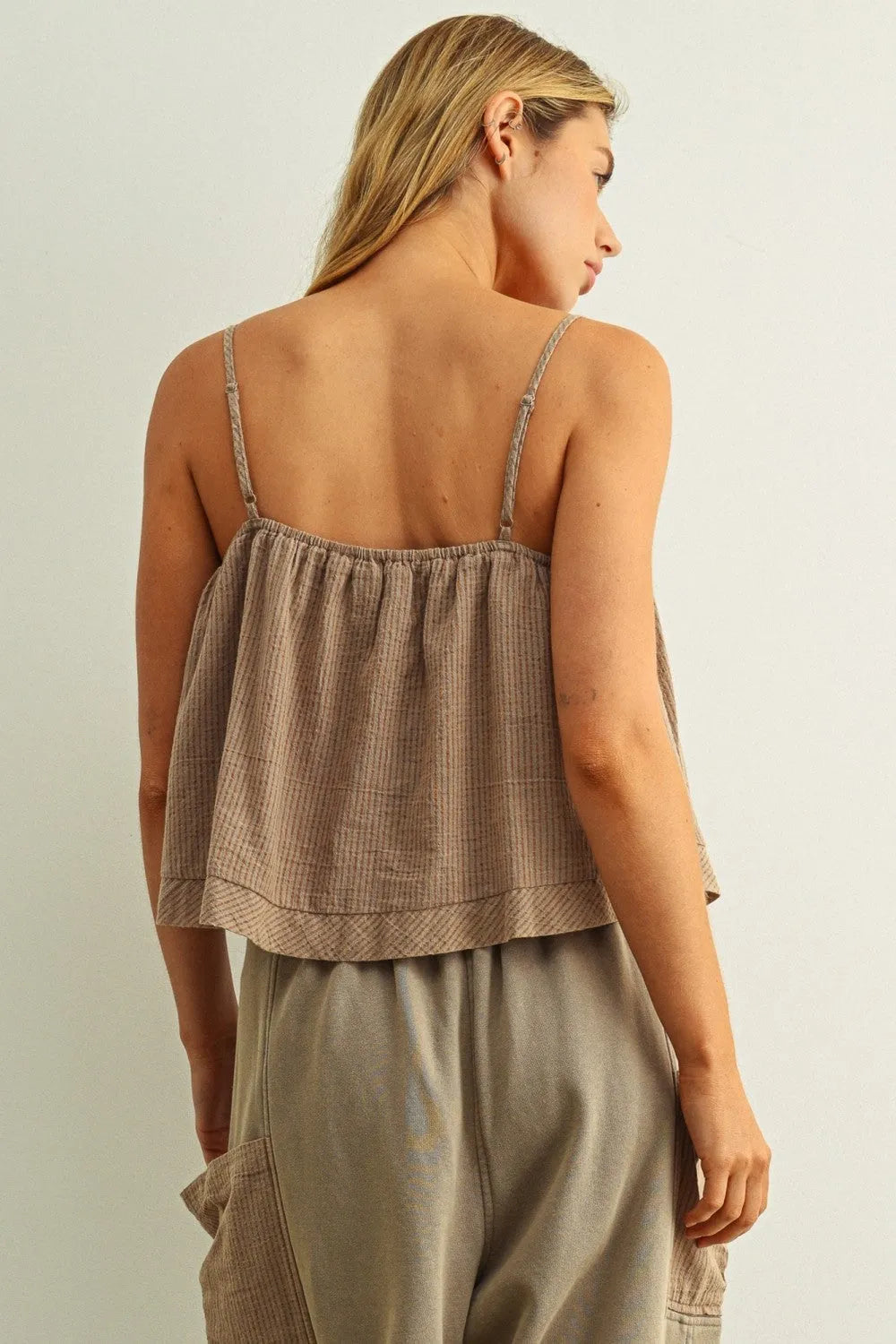 Taupe lightweight camisole top with thin gathered waist and striped pattern spaghetti straps for casual wear