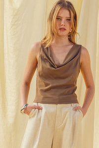 Taupe cowl neck sleeveless top in smooth satin-like fabric