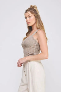 Taupe lace bralette tank with delicate embroidery and lovely scallop edge featuring a fitted silhouette