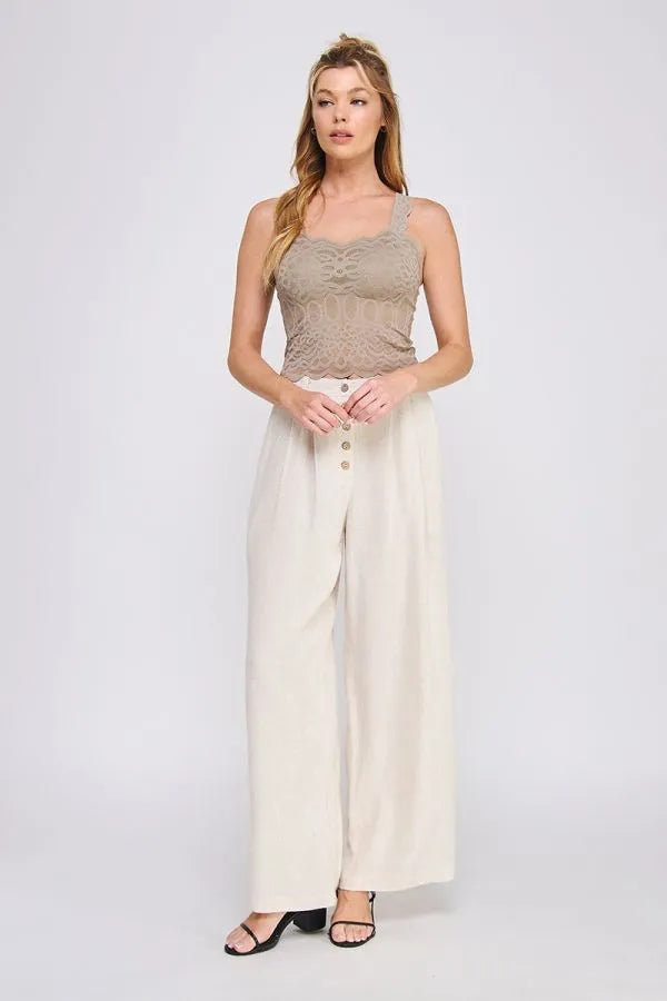 A taupe lace bralette tank with lovely scallop edge and thin straps featuring a sweetheart neckline