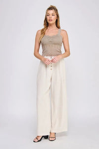 A taupe lace bralette tank with lovely scallop edge and thin straps featuring a sweetheart neckline