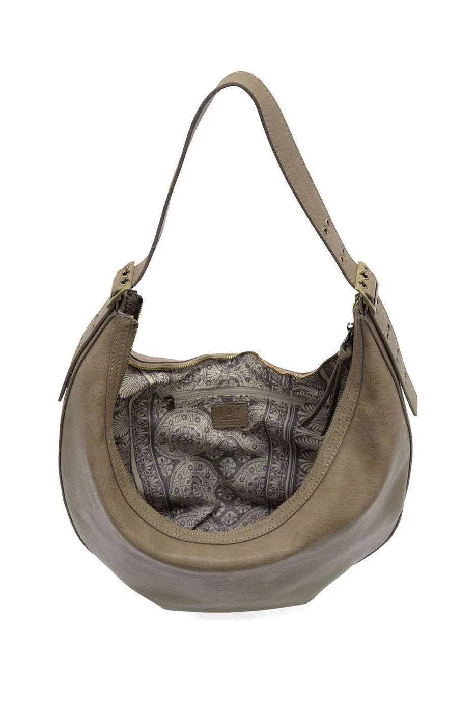 Taupe leather nadia buckle large hobo bag with curved silhouette paisley interior and zip closure detail