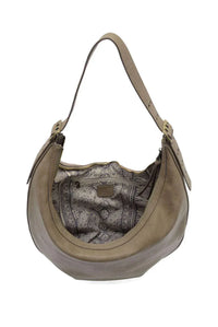 Taupe leather nadia buckle large hobo bag with curved silhouette paisley interior and zip closure detail