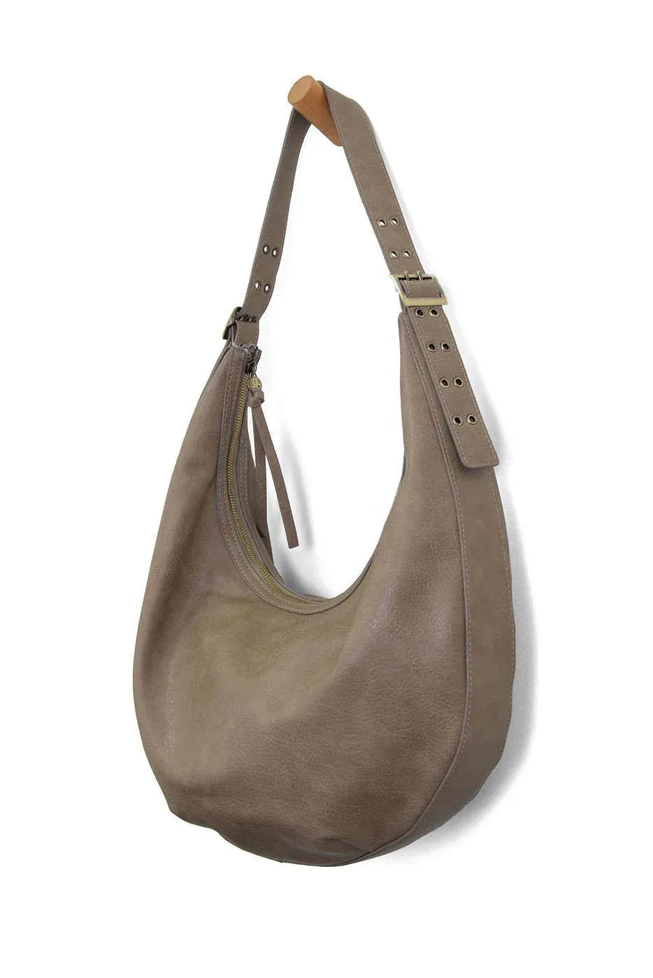 Taupe leather nadia buckle large hobo bag with single shoulder strap metal hardware and zip closure