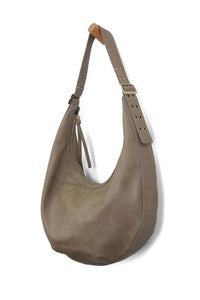 Taupe leather nadia buckle large hobo bag with single shoulder strap metal hardware and zip closure