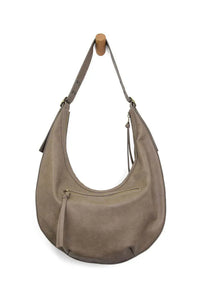Taupe leather nadia buckle large hobo bag with curved silhouette, adjustable shoulder strap, and front zip closure