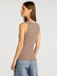 Taupe ribbed knit sleeveless top with rounded neckline and fitted silhouette from thread and supply edlin basic tank collection