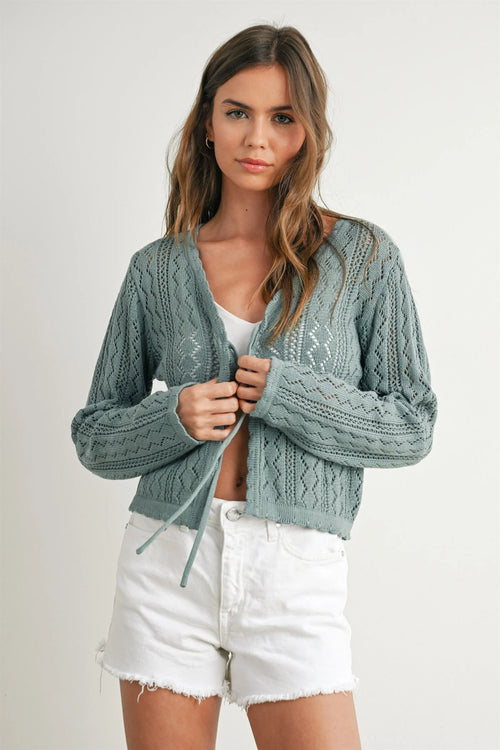 Teal knitted tie-front cardigan with drawstring waistband