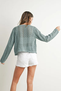 Teal knitted tie-front cardigan with cable-knit cropped sweater