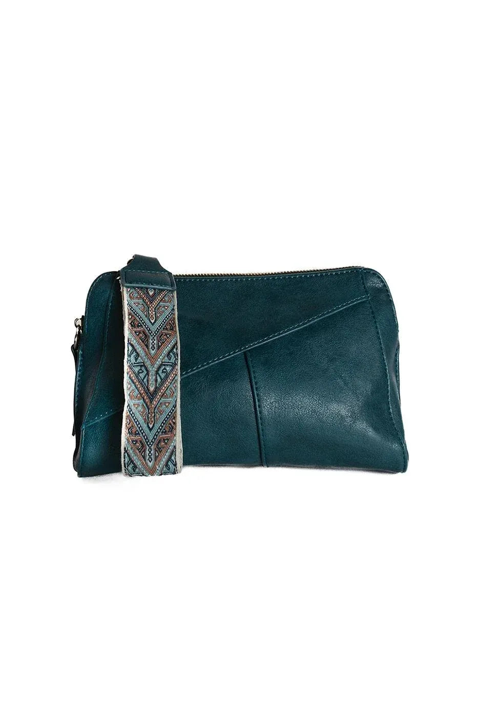 Teal vegan leather gigicrossbody clutch with woven wristlet strap and zip closure for stylish carrying