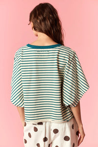 A teal and off-white yarn dyed stripe round neck tee with loose fit and ribbed crew neckline