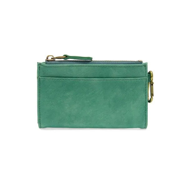Teal suede bobbie bifold wallet with gold-tone hardware and removable carabiner featuring joy susan logo