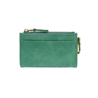 Teal suede bobbie bifold wallet with gold-tone hardware and removable carabiner featuring joy susan logo