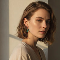 Teal geometric drop earrings with rustic copper patina and gold-tone hooks for chic handmade style