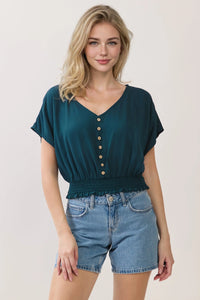Teal v neck button detailed blouse with short flutter sleeves and smocked waistband for stylish casual wear