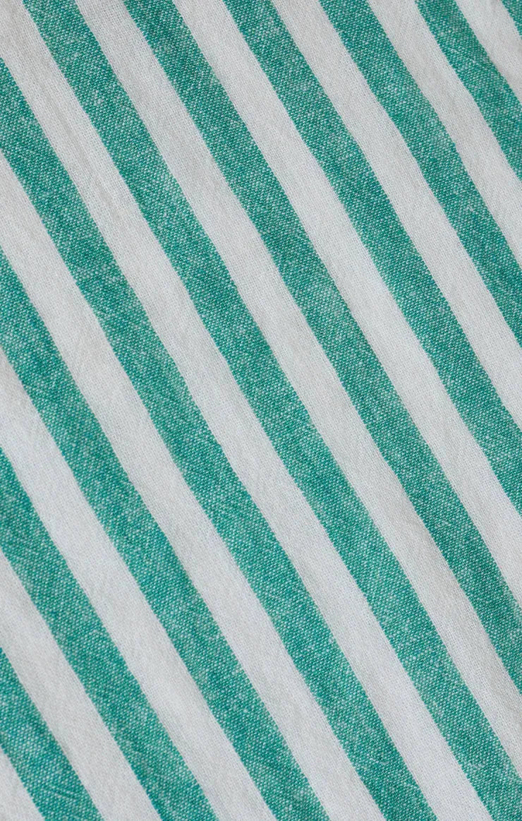 Textured perfect linen striped top with diagonal teal and white stripes highlighting its linen striped fabric