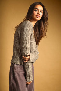 A heather gray lace knit waist knit cardigan with cable knit texture v-neck and ribbed cuffs