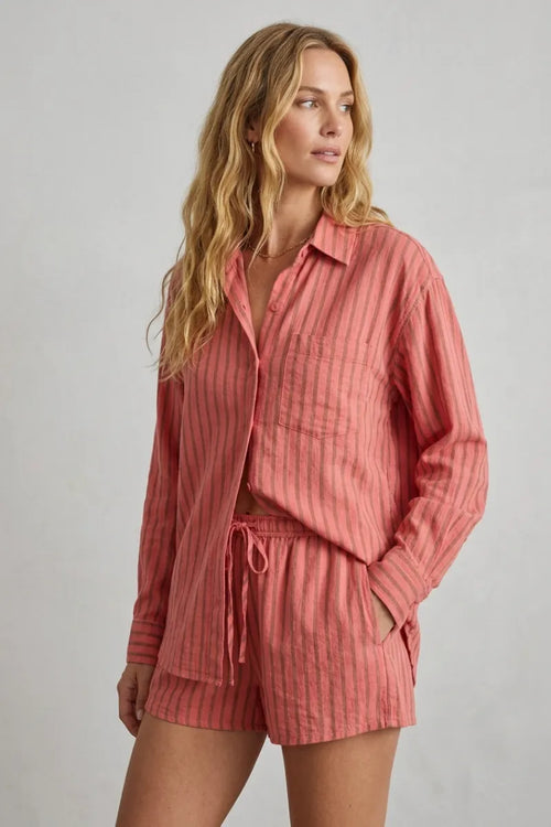 Coral-striped perfect striped linen button down shirt with matching drawstring shorts in lightweight linen fabric
