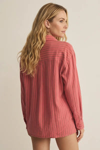 A soft dusty rose perfect striped linen button up shirt with subtle vertical stripes and a relaxed fit