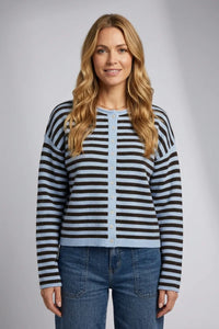 Thread and supply dover button cardigan with bold black and light blue stripes and button-front closure for cozy wear