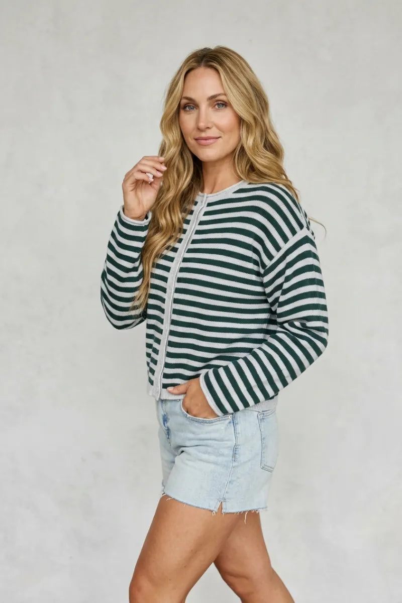Thread and Supply Dover button cozy long-sleeved sweater with dark green and light gray stripes and front zipper closure