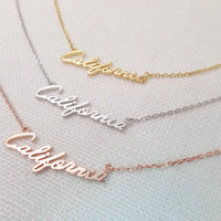 California handwritten pendant necklace in gold, silver, rose gold