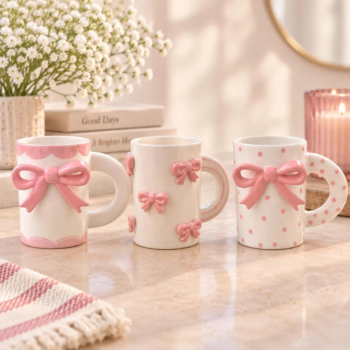 Three white stoneware mugs with 3d pink bow design and polka dots for enjoying favorite hot beverages