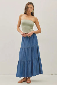 Tiered Tencel maxi skirt with flowing blue layers and lightweight fabric